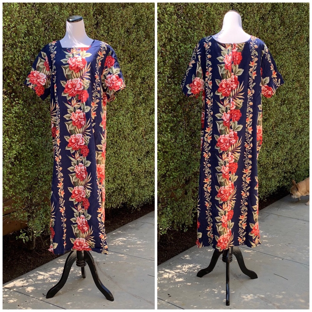 🌺 Vintage Hawaiian Barkcloth Mumu Dress Navy